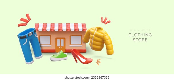 3D store building with striped canopy, colorful clothes and shoes for different seasons. Advertising in cartoon style. Internet shop, online shopping. Things for men and women