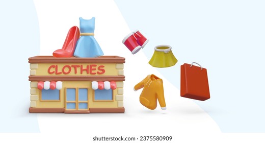 3D store of clothes and shoes. Vector building, dress, shoes, skirt, hoodie, shorts. Unlabeled package, mockup, place for logo. Shopping concept. Color illustrations for web design