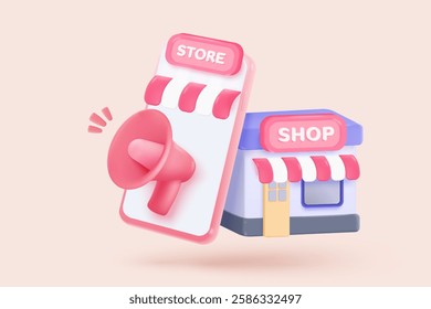 3d store icon signs for online shopping and digital marketing concepts. merchandise product with coupon promotion for offer customer, discount shopping. 3d selling visual vector icon illustration