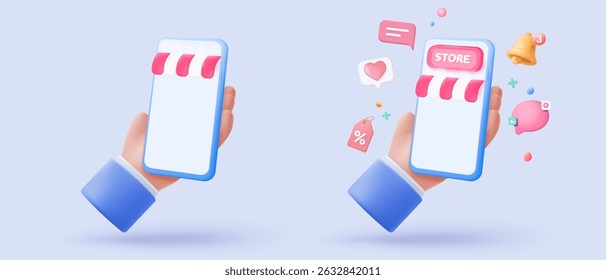 ícone de loja 3d sinais para compras on-line e conceitos de marketing digital. produto de mercadoria com promoção de cupom para oferecer cliente, desconto de compra. ilustração de ícone de vetor visual de venda 3d