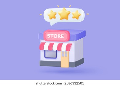 3d store icon signs for shopping with stars rating for best excellent services. Result score in speech bubble. merchandise product with product award review. 3d satisfaction vector icon illustration