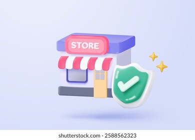 3d store icon signs for shopping and shield protection with check mark for payment safety concepts. merchandise product with coupon promotion. 3d quality guarantee icon vector render illustration