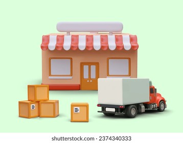 Tienda 3d, camión estacionado cerca de diferentes cajas. Afiche publicitario con fondo verde. Concepto de entrega rápida de mercaderías. Vector realista de dibujos animados en colores rojos