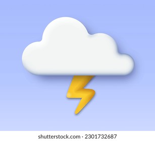 3D stormy weather icon. Cloud with flash, thunderstorm and storm, bad weather before rain. Symbol of spring season. Template, layout and mock up. Cartoon isometric vector illustration