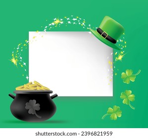 3d St.Patrick Day template with shamrock clower leaf, pot of gold and leprechaun hat.