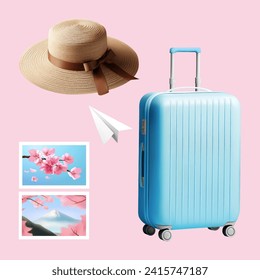 3D straw hat, paper plane, luggage and sakura postcard elements isolated on light pink background.