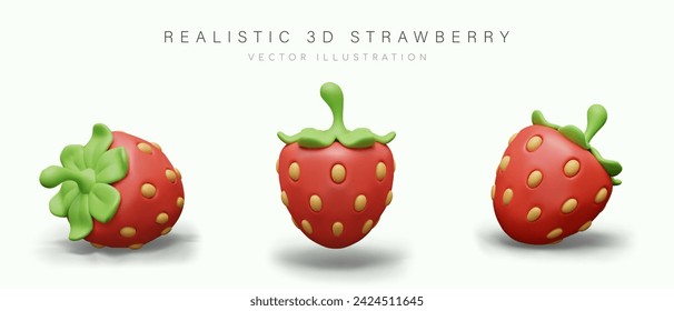 3D strawberry in cartoon style. Ripe red berry with green leaves and yellow seeds