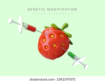 3D strawberry pierced by two syringes with liquid. Artificially changing qualities of natural products. Genetic engineering, GMO. Modification of berries and fruits. Dangerous interference