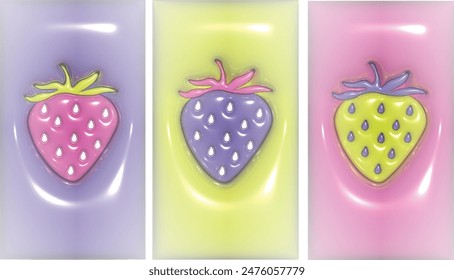 3D Strawberry set, Summer concept, Berry Wallpaper with inflate plastic effect. Phone wallpaper, 3D render illustration. Trendy background with 3d character