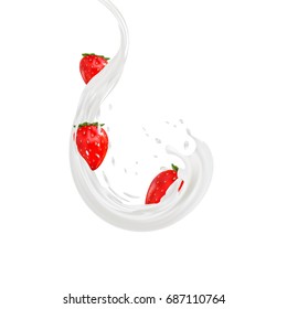 3d strawberry yogurt flavour ad promotion. milk splash with fruits isolated on white.