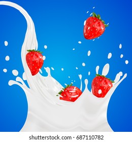 3d strawberry yogurt flavour ad promotion. milk splash with fruits isolated on blue. daily product crown.