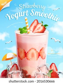 3d strawberry yogurt smoothie ad. A glass of milkshake with cut strawberries and ice cubes on sky background