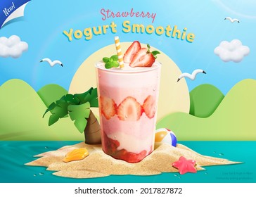 3d strawberry yogurt smoothie ad. A glass of berry milkshake on small island with papercut style sun and mountains in background