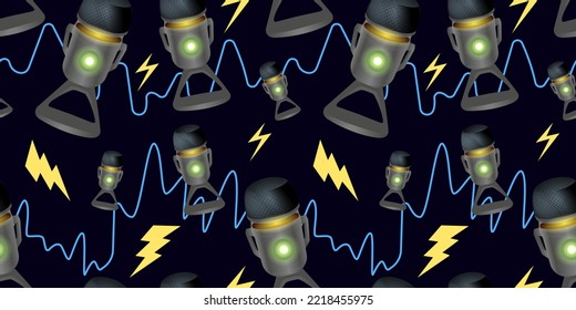 Micrófonos de 3d con ondas sonoras sin inconvenientes. Papel de pared vectorial de tecnología de zoom. Diseño del canal del presentador, bloguero, comentarista y jugador.