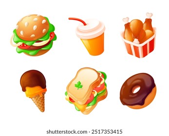 3d comida callejera. Iconos de comida rápida de dibujos animados, conjunto de comida chatarra de comida chatarra de comida poco saludable, menú de alimentos de bocadillos de restaurante de hamburguesa de pollo, Ilustración vectorial exacta de plástico realista