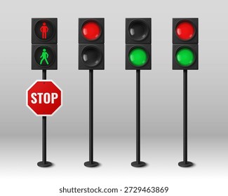 Semáforos 3D establecidos aislados en el fondo. Vector ilustración realista de señales de parada roja y verde para peatones y transporte, semáforo luces en el poste, señal de parada roja
