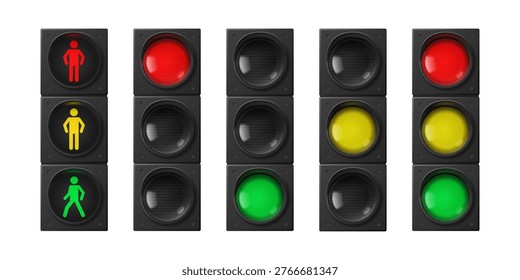 3D street traffic lights set isolated on background. Vector realistic illustration of red stop, yellow warning and green go signals for pedestrians and transport, semaphore lights with man silhouette