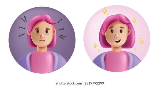 3D stress happy woman icon, vector fatigue shocked cheerful female cartoon character, exhausted girl. Mental health problem concept, depressed ill lonely headache face, tired person. Stress woman