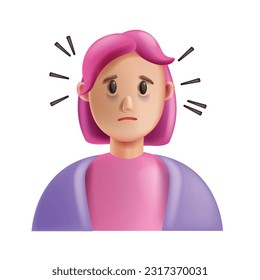 3D stress woman icon, vector fatigue shocked female cartoon character, exhausted nervous girl patient. Mental health problem concept, depressed ill lonely headache face, tired person. Stress woman