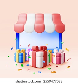 3D striped awning in computer and gift boxes. Render sunshade online store. Internet shop or market. Online or retail shopping symbol. Holiday or birthday presents. Vector illustration