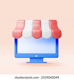 3D striped awning and computer. Render red and white sunshade for online store. Outdoor shelter for internet shop or market. Tent for cafe or restaurant. Facade building curtain. Vector illustration