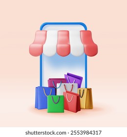 3D striped awning in smartphone and shopping bags. Render sunshade online store. Internet shop or market. Online or retail shopping symbol. Fashion handbag on marketplace. Vector illustration