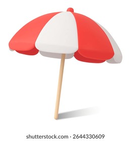 3d striped beach umbrella, isolated on white background. Beach umbrella icon in 3d vector