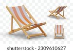 3D striped chair for relaxation. Furniture for pool. Wooden folding chair for summer leisure. Vector volumetric isolated illustration. Deckchair, front, side, back view