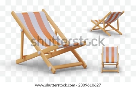 3D striped chair for relaxation. Furniture for pool. Wooden folding chair for summer leisure. Vector volumetric isolated illustration. Deckchair, front, side, back view