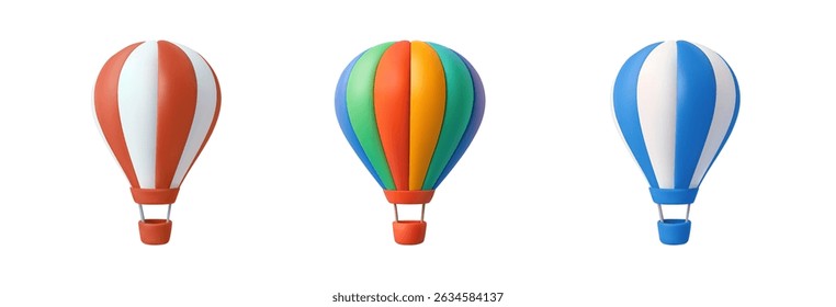 3D of a striped multicolor hot air balloon, ideal for travel and adventure themes. inflatable aircraft with basket for recreation travel, flight adventure. 3d rendering. Vector illustration