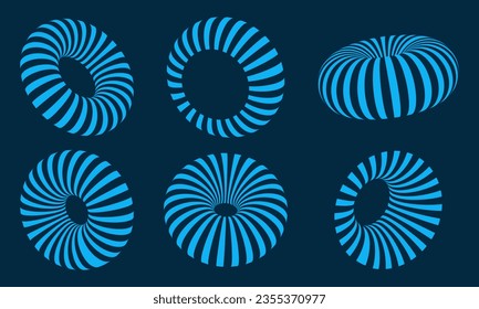 3d striped shape logo set. tech digital circle logo