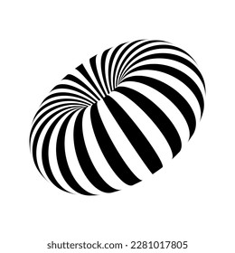 3D striped torus shape in perspective. Donut figure in three dimensional space with black and white lines. Circular object with hole in center isolated on white background. Vector graphic illustration