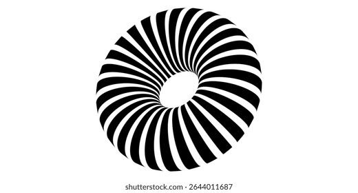 Forma de toro listrado 3D em perspectiva. Figura rosca em espaço tridimensional com linhas pretas e brancas. Objeto circular com furo no centro isolado no fundo branco. Ilustração gráfica vetorial