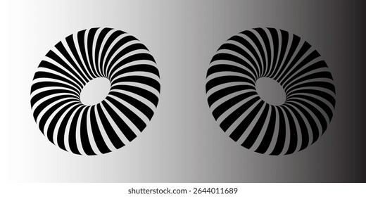 Forma de toro listrado 3D em perspectiva. Figura rosca em espaço tridimensional com linhas pretas e brancas. Objeto circular com furo no centro isolado no fundo branco. Ilustração gráfica vetorial
