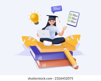 3D Student girl wearing graduation cap, studying with laptop. Young woman sitting on stack of books, getting knowledge online. 3D Vector illustration for e-learning, internet course, school concept