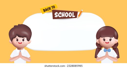 3D student greeting with namaste or Thai wai. Back to school concept. Vector in 3d rendering style.