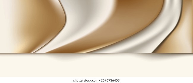 Fondo Abstractas de estudio 3D con ondas de seda doradas y blancas. Ilustración vectorial