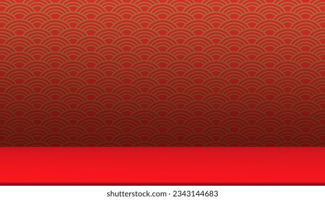 3d Studio background,Red Chinese Wave Pattern wallpaper background,Vector minimal design Mid Autumn Festival with Asian Art Style for backdrop shooting, product presentation,Chinese New Year