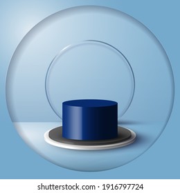 3D studio blue room empty product stand, platform, podium for the presentation. Scene to show cosmetic showcase, shop front, display case. Geometric shapes minimal design. Vector illustration
