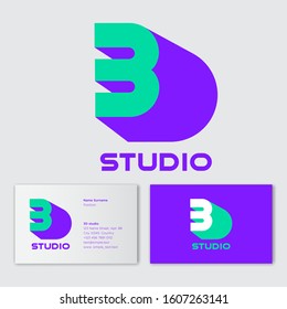 3D studio logo concept. Number 3 with shadow like letter D on a white  background. Network, web, UI icon. Modern technology. D is a shadow of number 3. Business card.