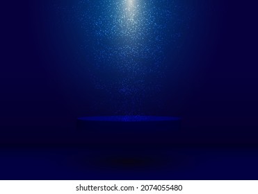 3D studio room blue pedestal floating on air and dust lighting on dark blue background. Stage floor for winner award, presentation, concert, etc. Vector illustration