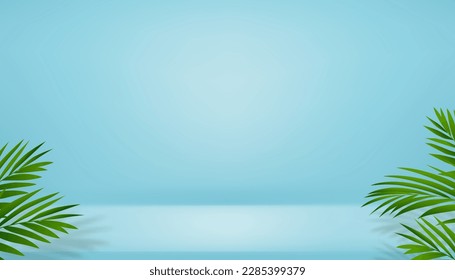 3D Studio Room Display with Coconut palm leaf and Shadow on blue wall background,Empty gallery room with podium,Vector backdrop background mockup for Spring,Summer Cosmetics,Product present,Advertise 