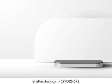 3D studio room display geometric white and gray cylinder pedestal on backdrop minimal clean scene background. You can use for cosmetic products, showcase, etc. Vector illustration