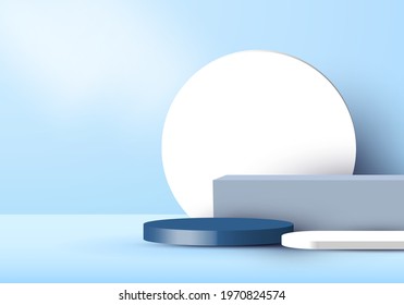 3D studio room display geometric dark blue cylinder pedestal, box, white circle backdrop minimal blue scene background. You can use for cosmetic products, showcase, etc. Vector illustration