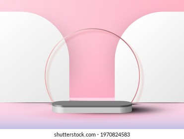 3D studio room display geometric white and gray cylinder pedestal on backdrop minimal scene pink background. You can use for cosmetic products, showcase, etc. Vector illustration