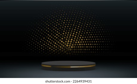 3D Studio Room With Pedestal Podium And Golden Glitter. EPS10 Vector