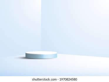 3D studio room showcase display geometric white cylinder pedestal, round minimal blue scene background. You can use for cosmetic products, etc. Vector illustration
