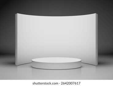 3D studio scene with a curved white backdrop and podium, set against a dark gradient wall and reflective floor, modern product displays, mockups, and presentations in a clean minimalist style
