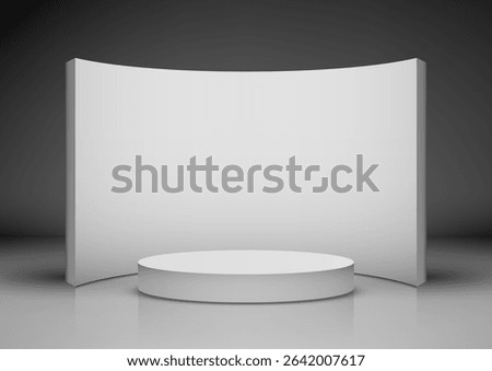 3D studio scene with a curved white backdrop and podium, set against a dark gradient wall and reflective floor, modern product displays, mockups, and presentations in a clean minimalist style