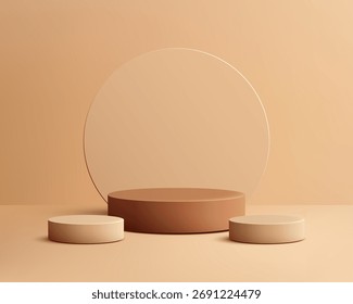 3d studio scene featuring a terracotta podium and beige pedestals set against a nude circular backdrop designed for modern product display mockup and elegant branding presentation